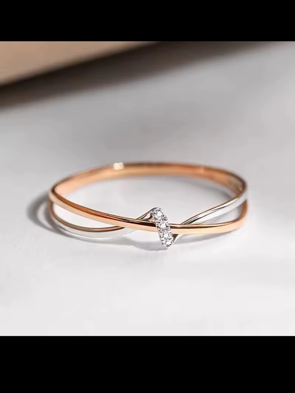 Two-Tone Rose Gold & Silver Crossover Ring with Crystal Cluster